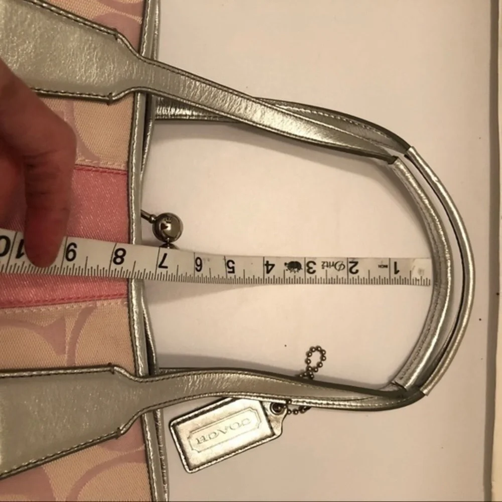 Coach f13553 y2k pink signature silver leather kisslock striped tote bag